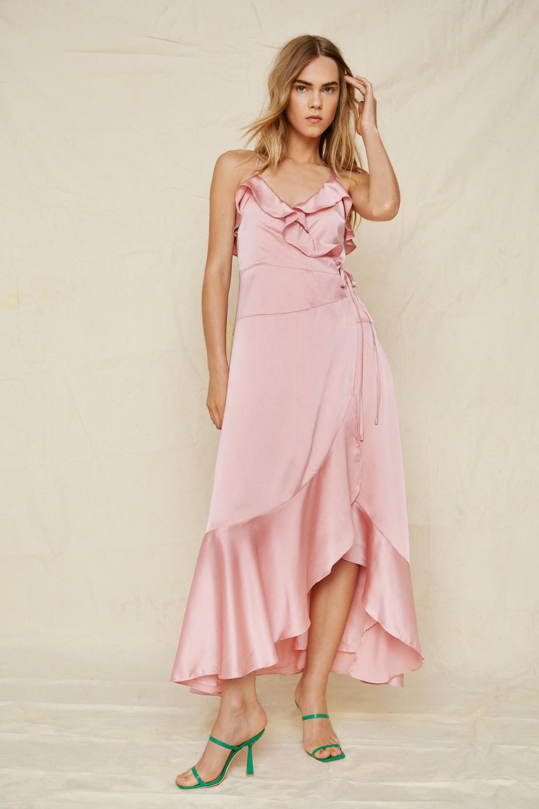 Rose Satin Ruffle Detail Strappy Wrap Maxi Dress image number 1
