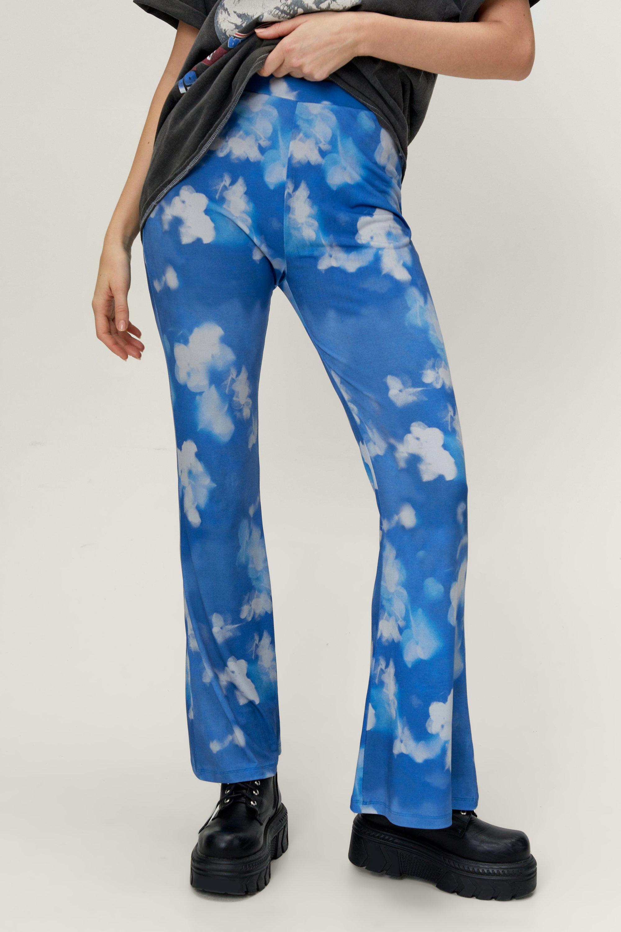 Blurred Floral Print High Waisted Flare Pants