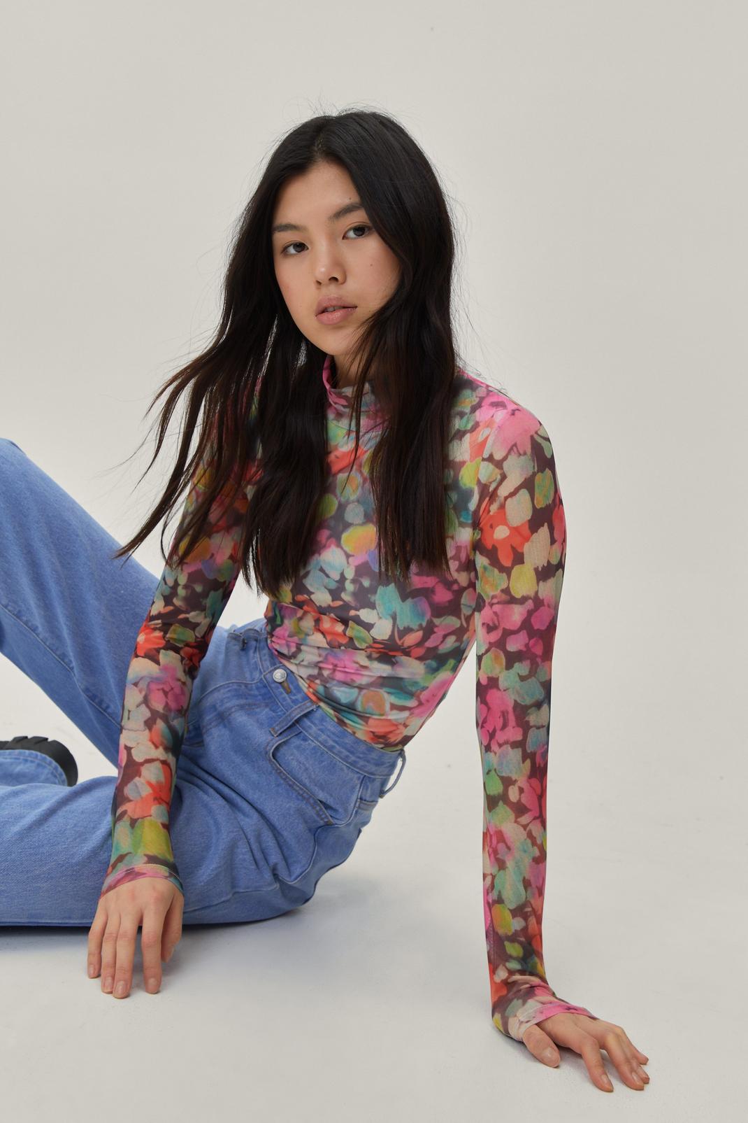 Recycled Blurred Floral Print Mesh Funnel Neck Top image number 1