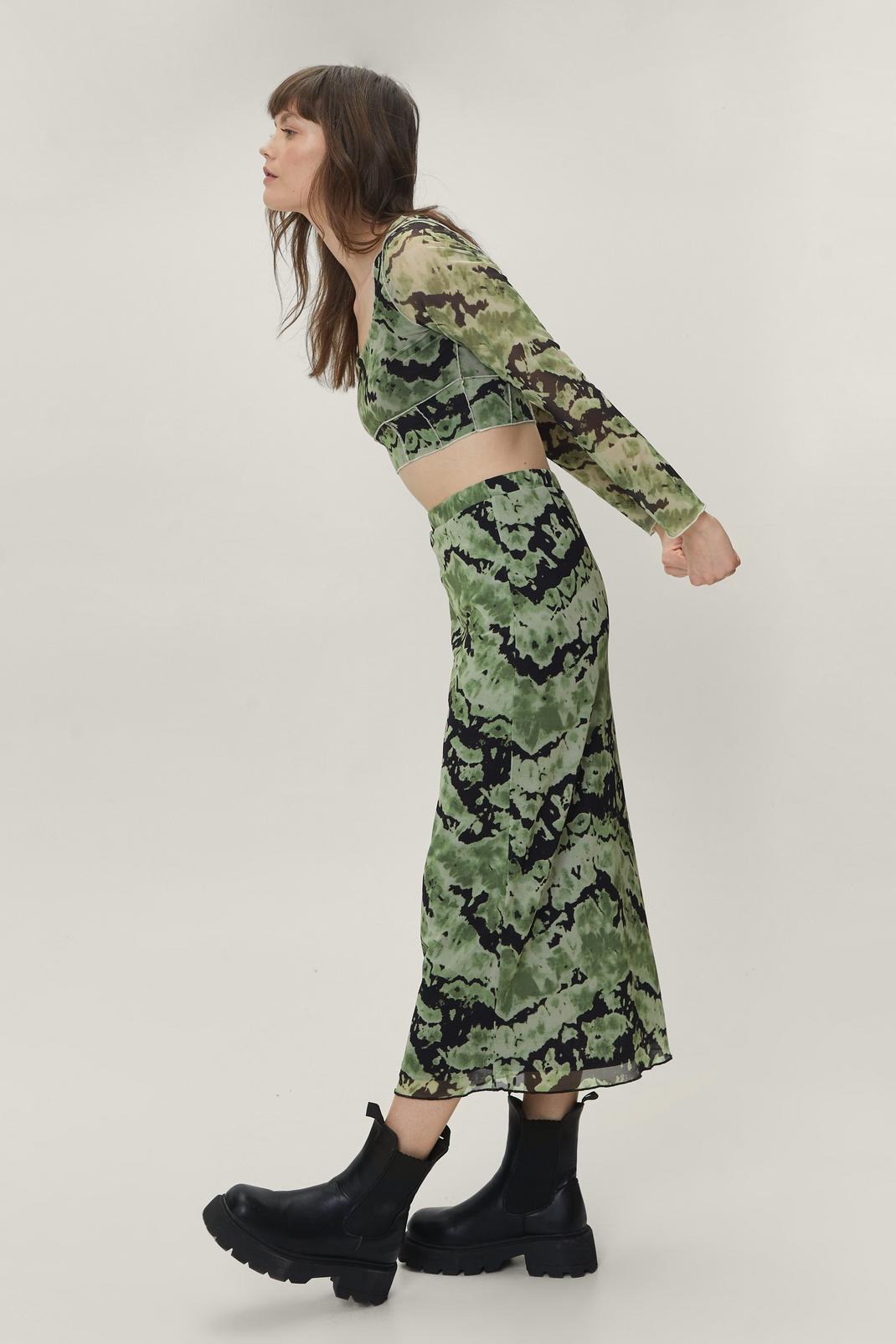 Green Recycled Tie Dye Print Mesh Midi Skirt image number 1