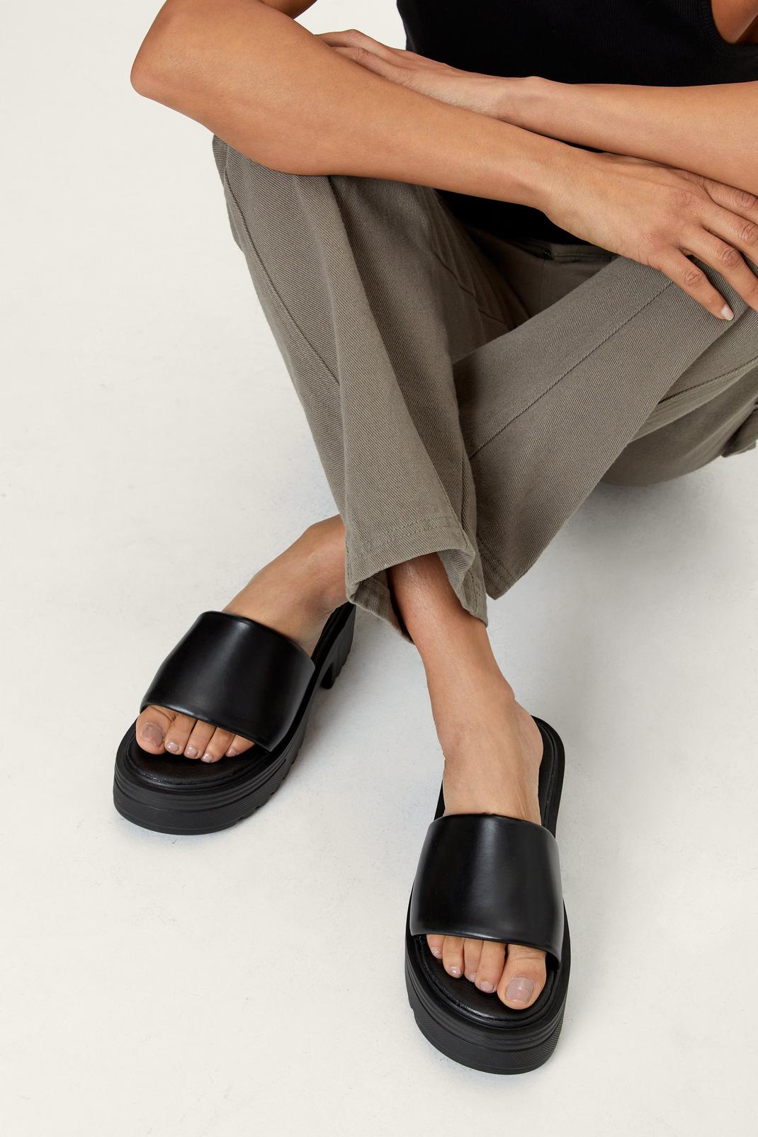 Black Cleated Flatform Padded Mule Sandals image number 1