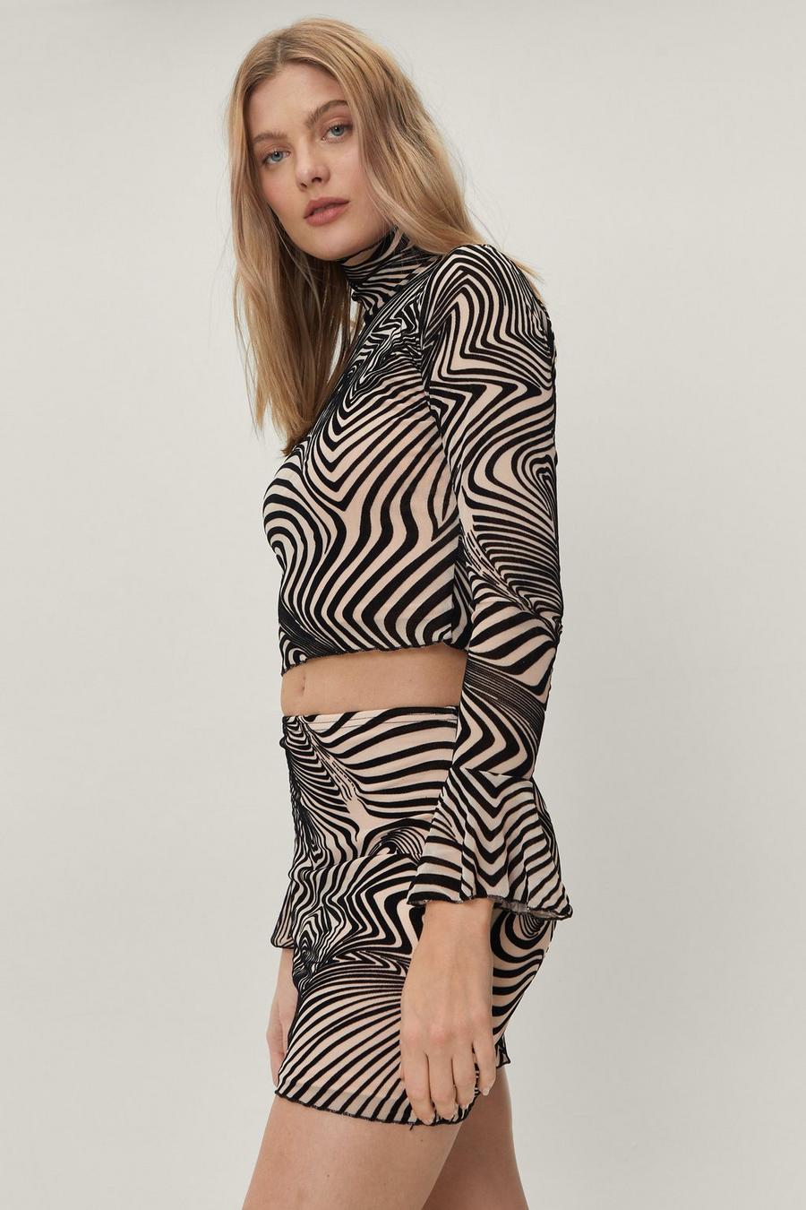 Flocked Marble Print High Neck Cropped Top
