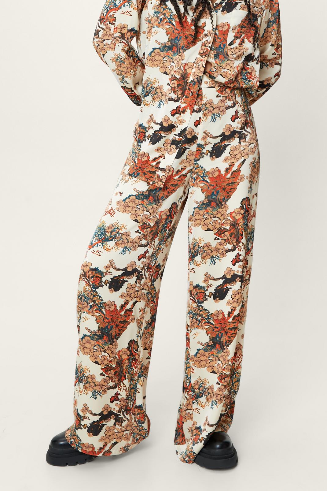 Petite - Pantalon large satiné à imprimé floral vintage, Ivory image number 1