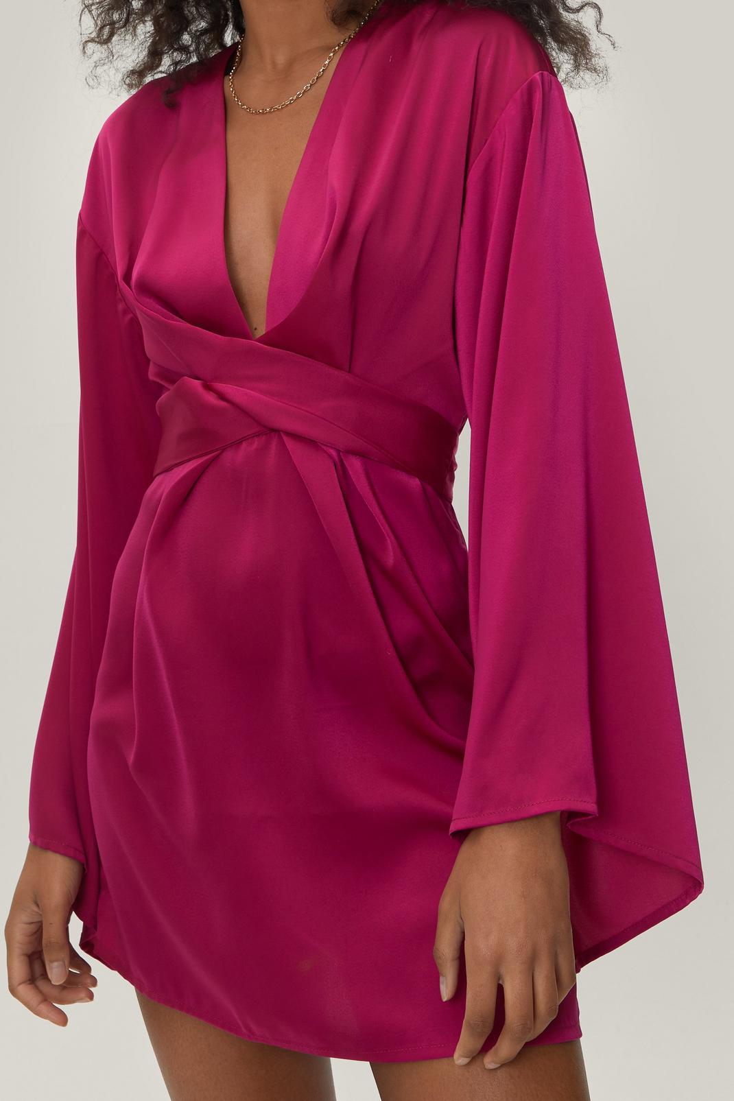 Hot pink Petite Satin Kimono Sleeve Mini Dress image number 1