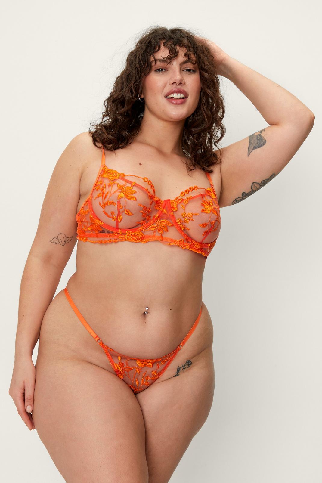 Orange Plus Size Underwire Floral Lingerie Set image number 1