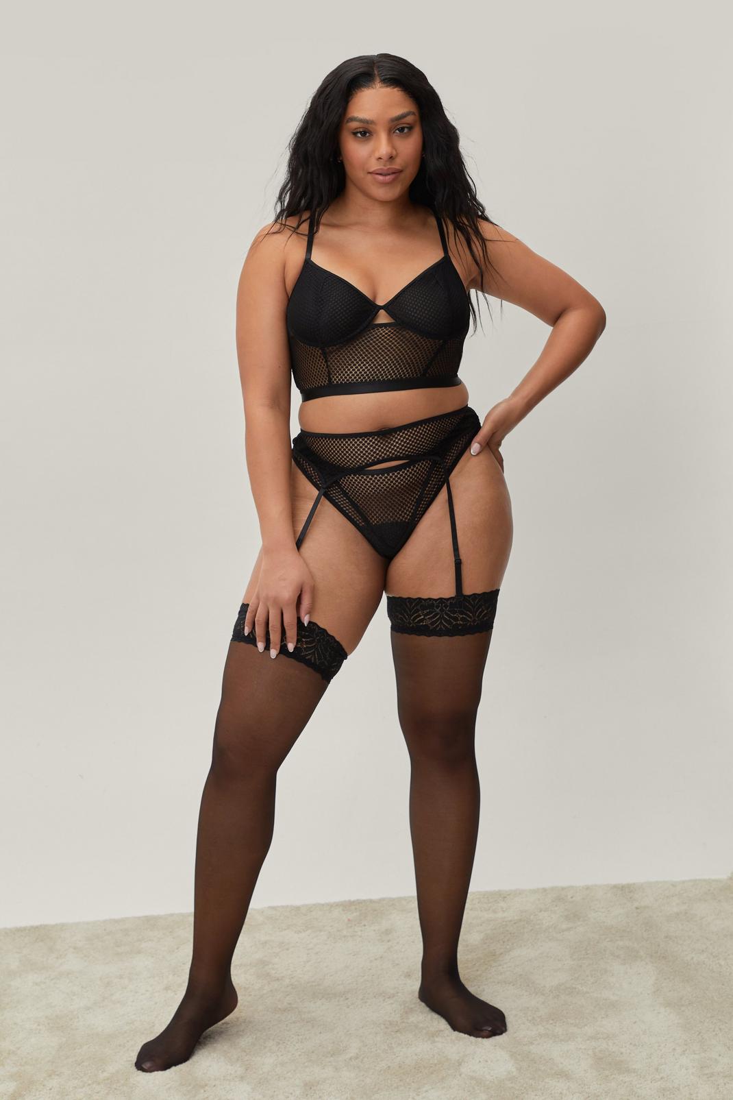 105 Plus Size Longline Bralette Thong and Suspender 3 Pc Set image number 2