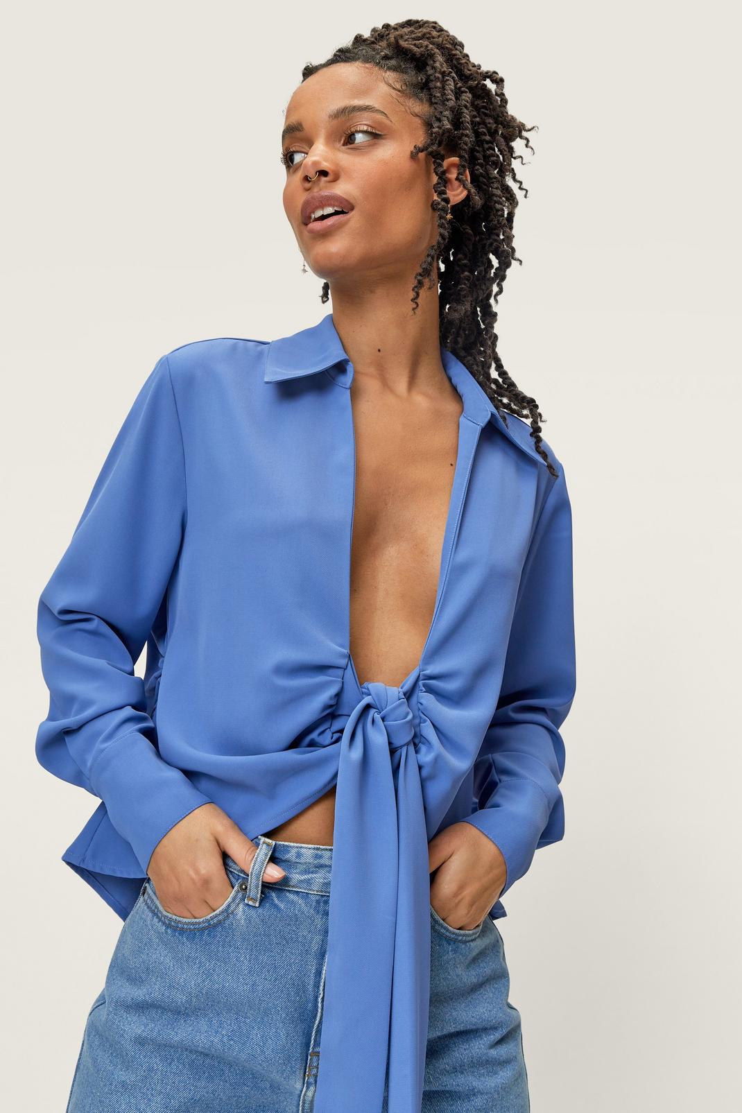 Blue Petite Open Front Knot Collared Shirt image number 1
