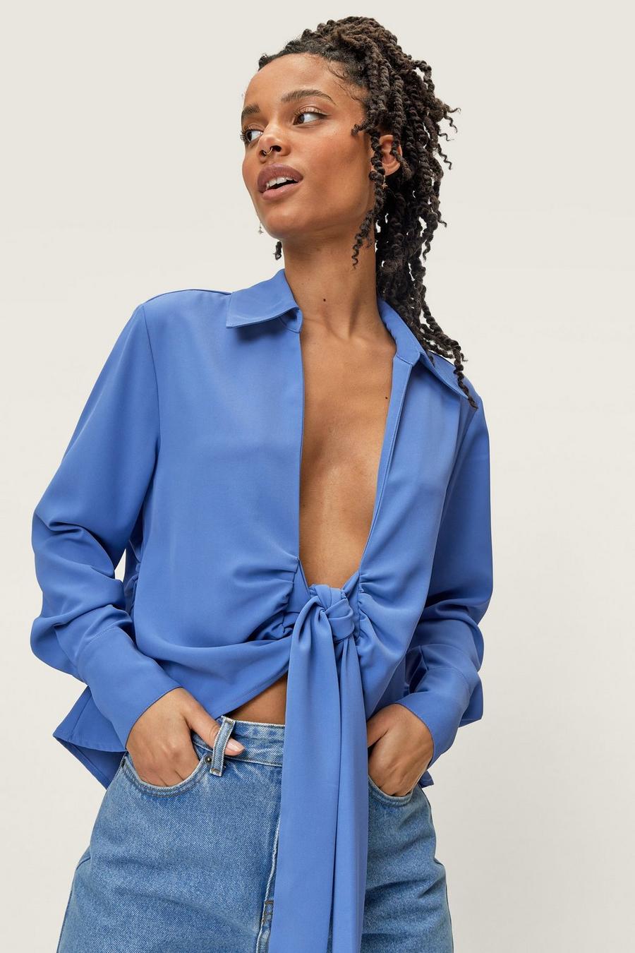 Petite Open Front Knot Collared Shirt