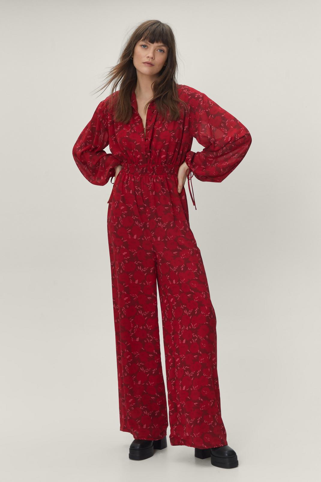 Red Floral Chiffon Button Down Wide Leg Jumpsuit image number 1