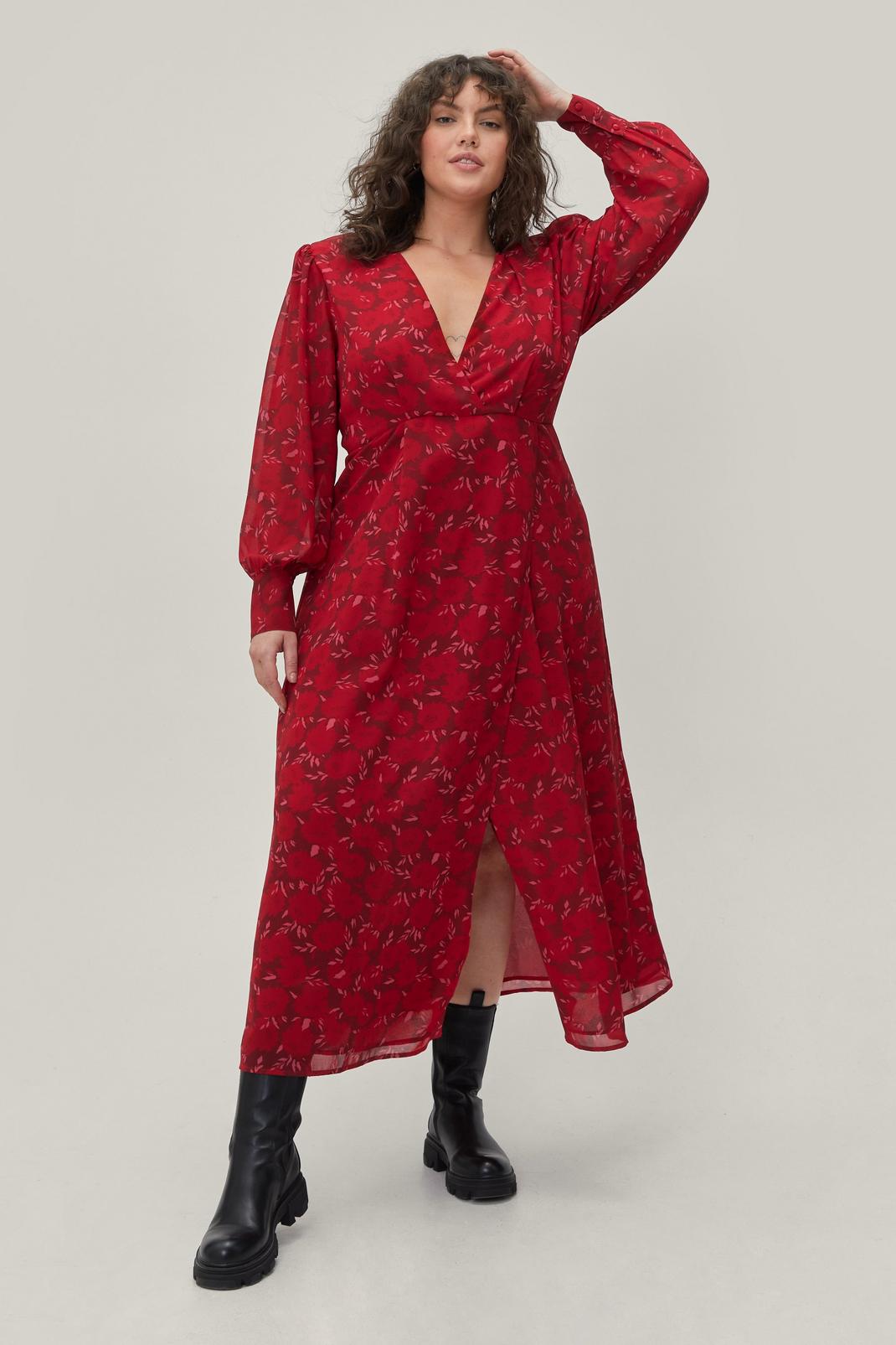 Grande taille - Robe longue en mousseline de soie florale, Red image number 1