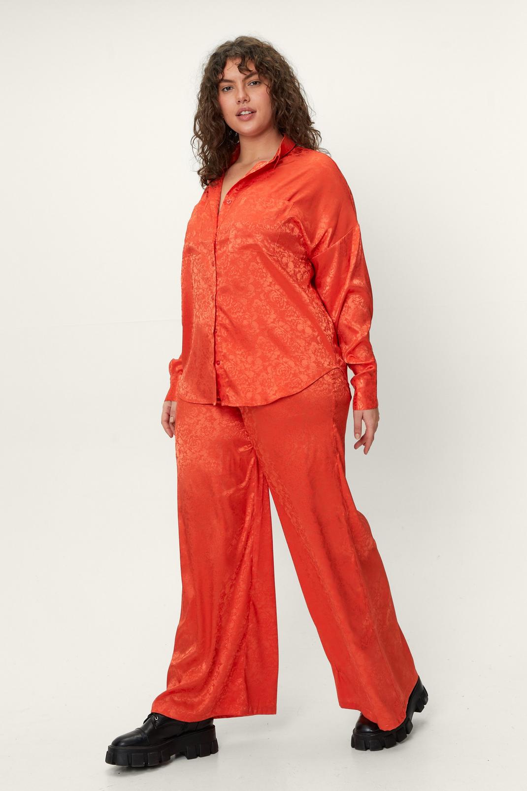 Orange Plus Size Floral Jacquard Two Piece Set Wide Leg Pants image number 1