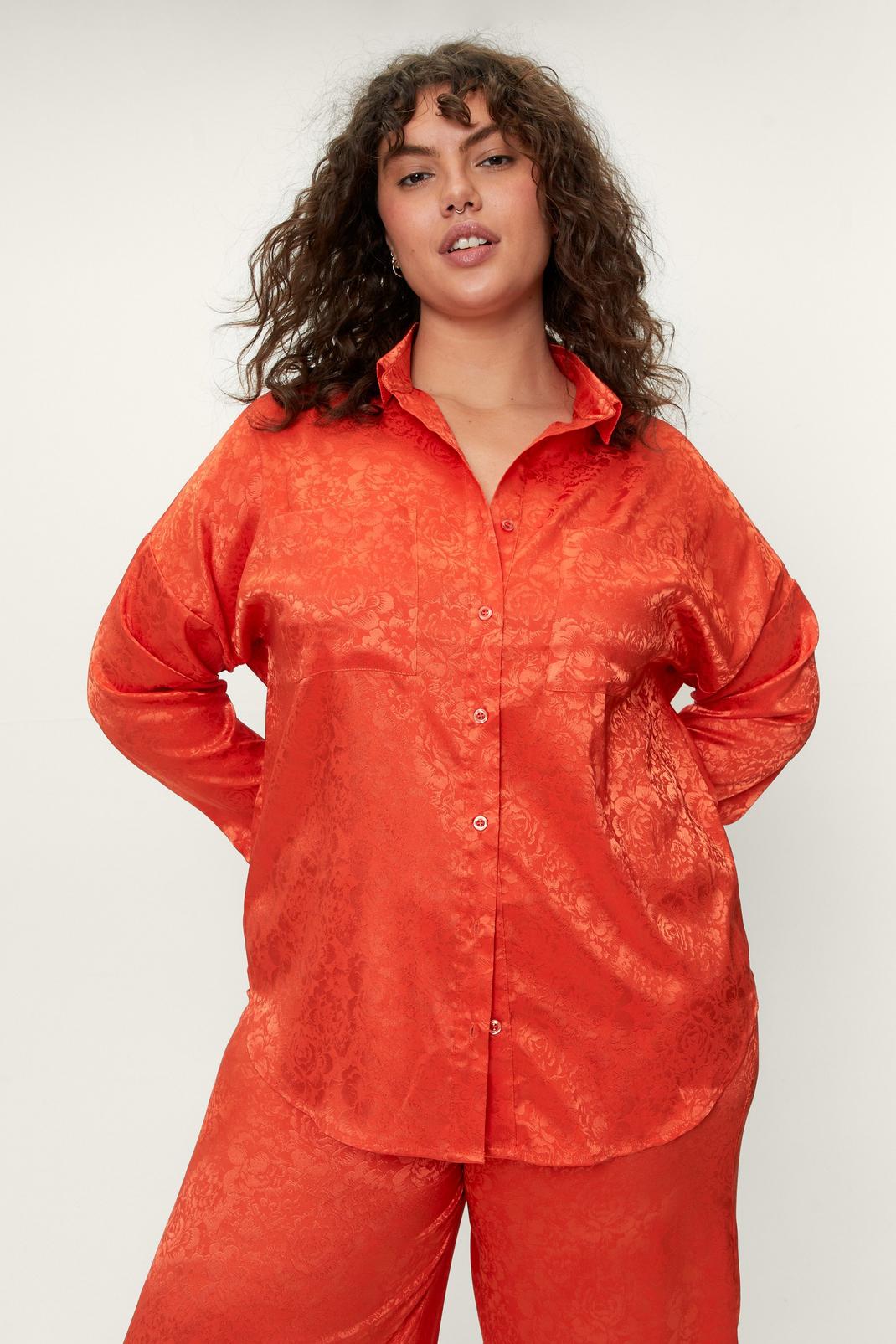 Orange Plus Floral Jacquard Co Ord Oversized Shirt  image number 1