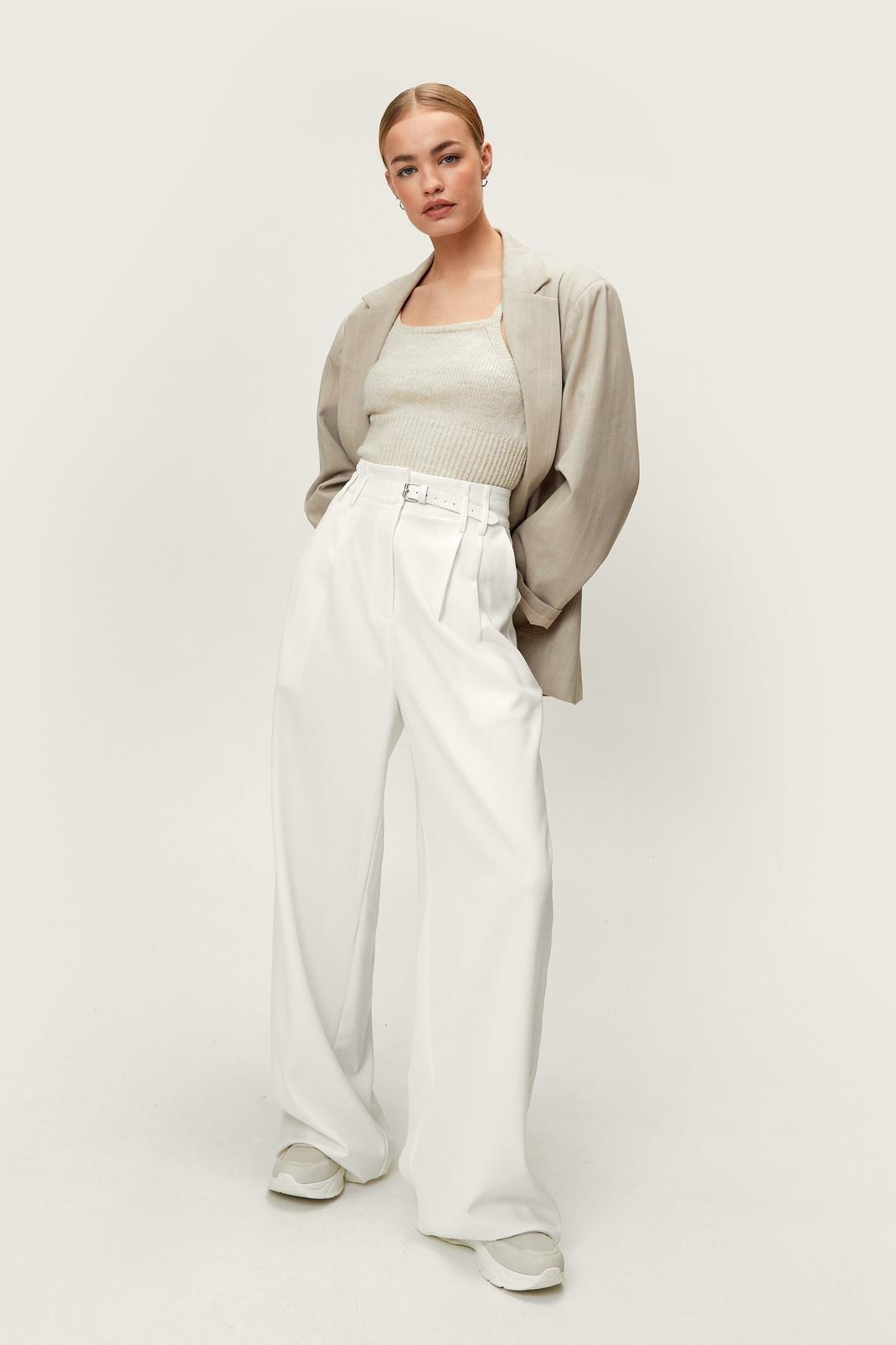 Cream Smart Belted Tailored Wide Leg Trousers image number 1
