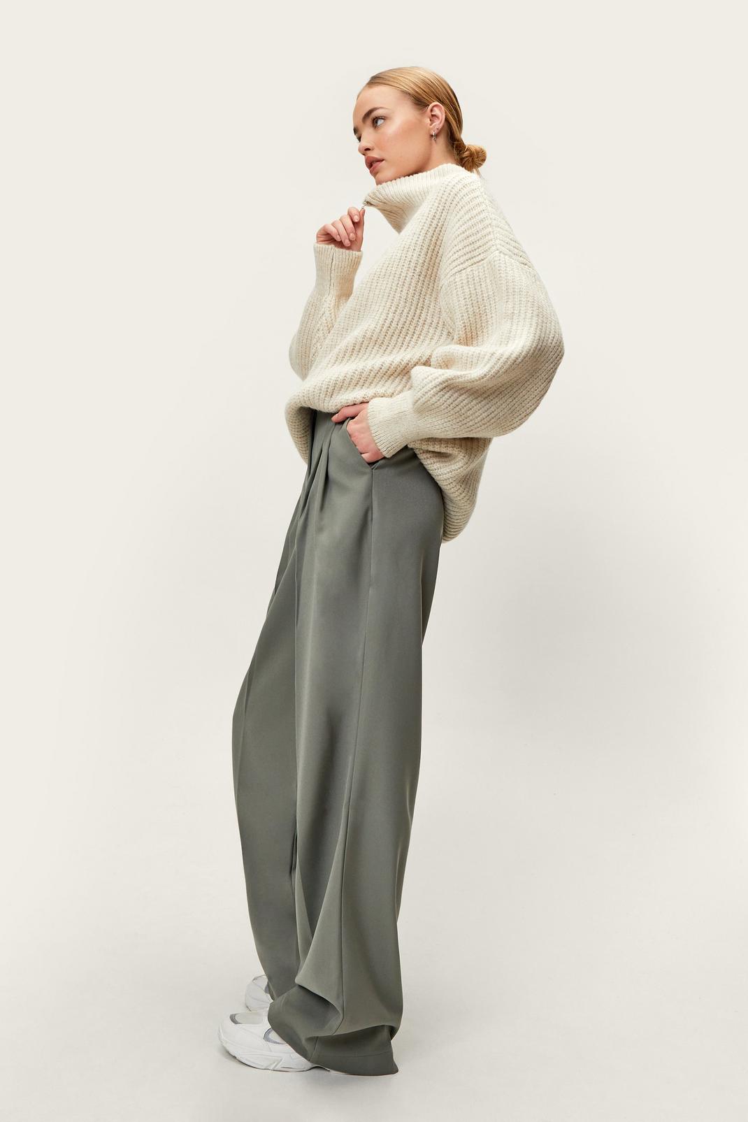 Washed khaki Double Pleat Tapered Wide Leg Pants image number 1