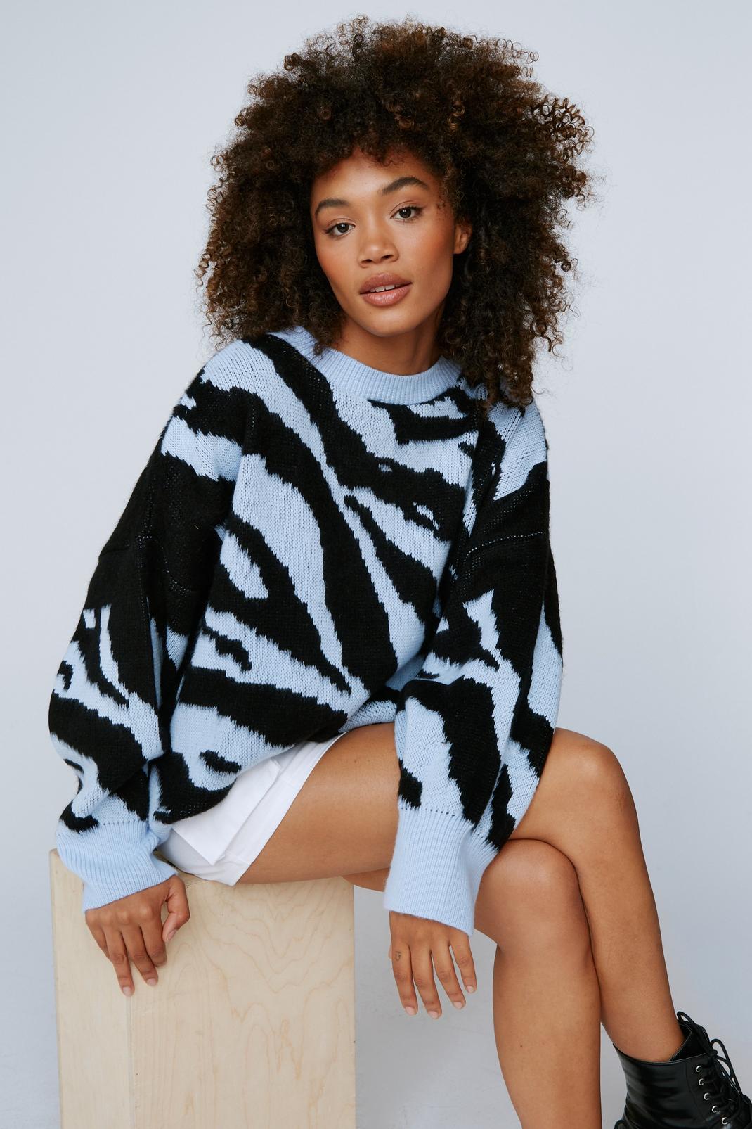 Blue Textured Zebra Print Oversized Sweater image number 1