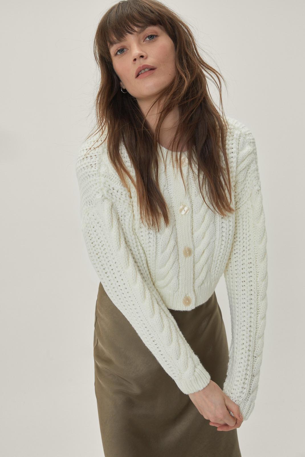Cream Super Crop Cable Knit Cardigan  image number 1