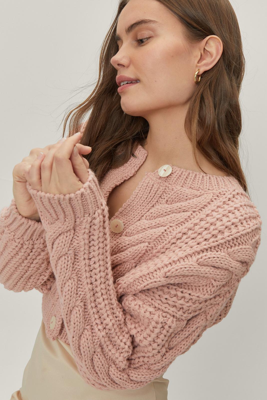 Pink Super Crop Cable Knit Cardigan  image number 1