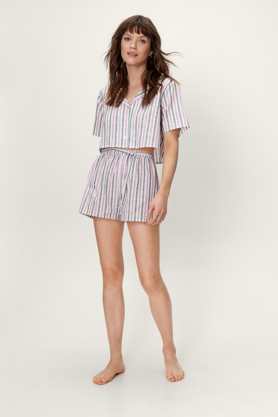 Multi Cotton Stripe Shirt and Shorts Pajama Set image number 1