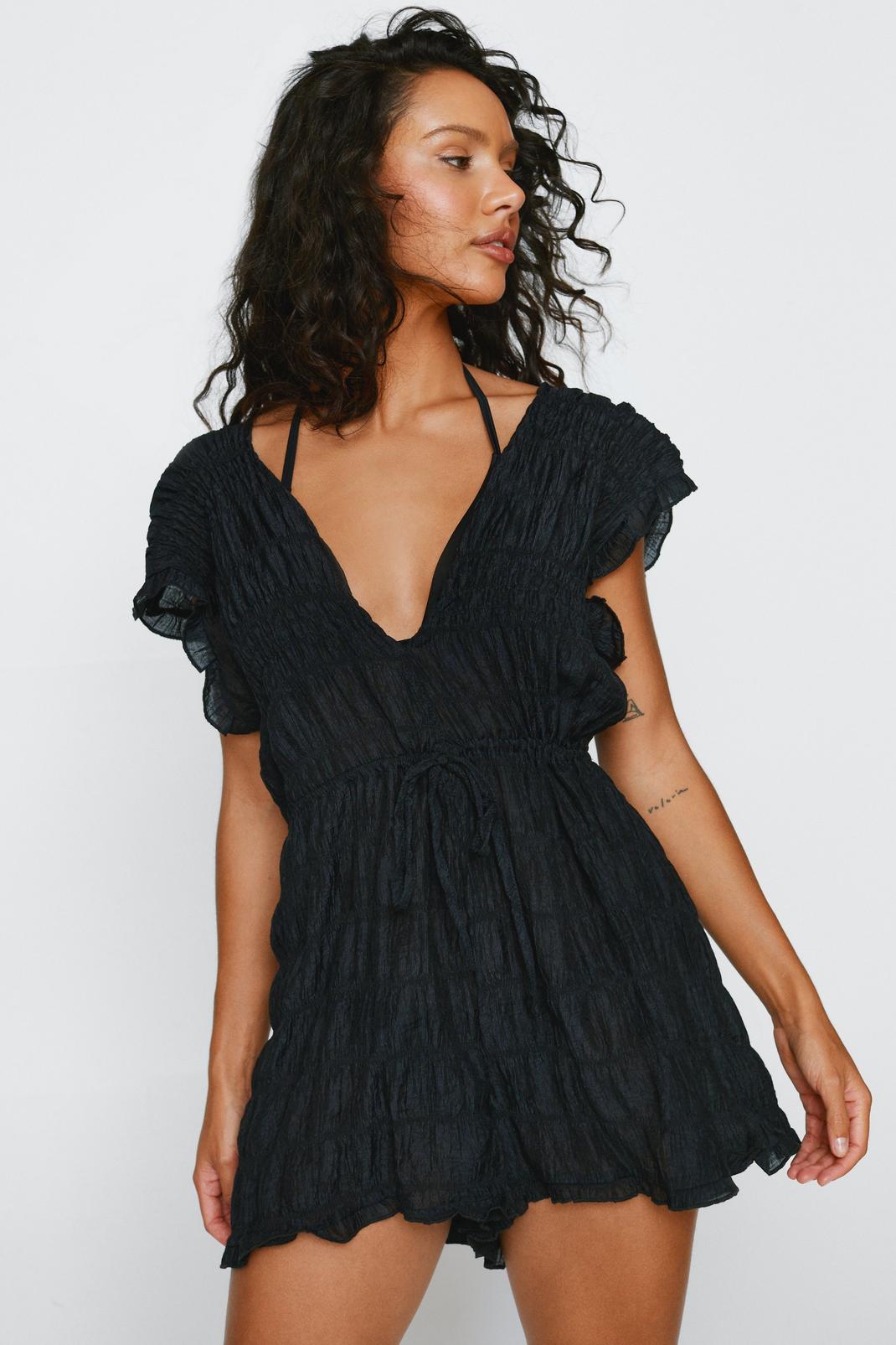 Black Textured Tie Front Beach Playsuit image number 1