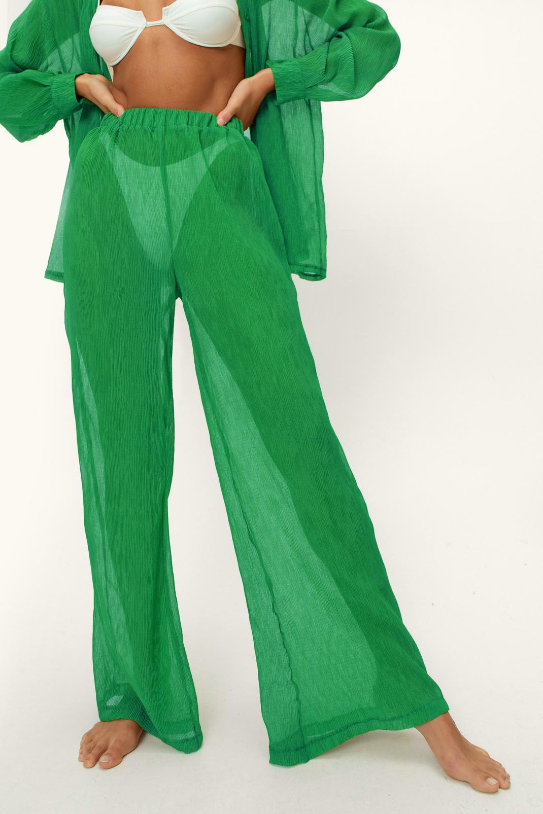 Bright green Plisse Wide Leg Beach Trousers image number 1