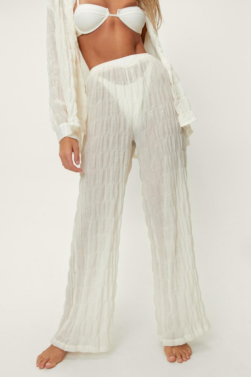 Cream Textured Wide Leg Beach Cover-Up Trousers image number 1