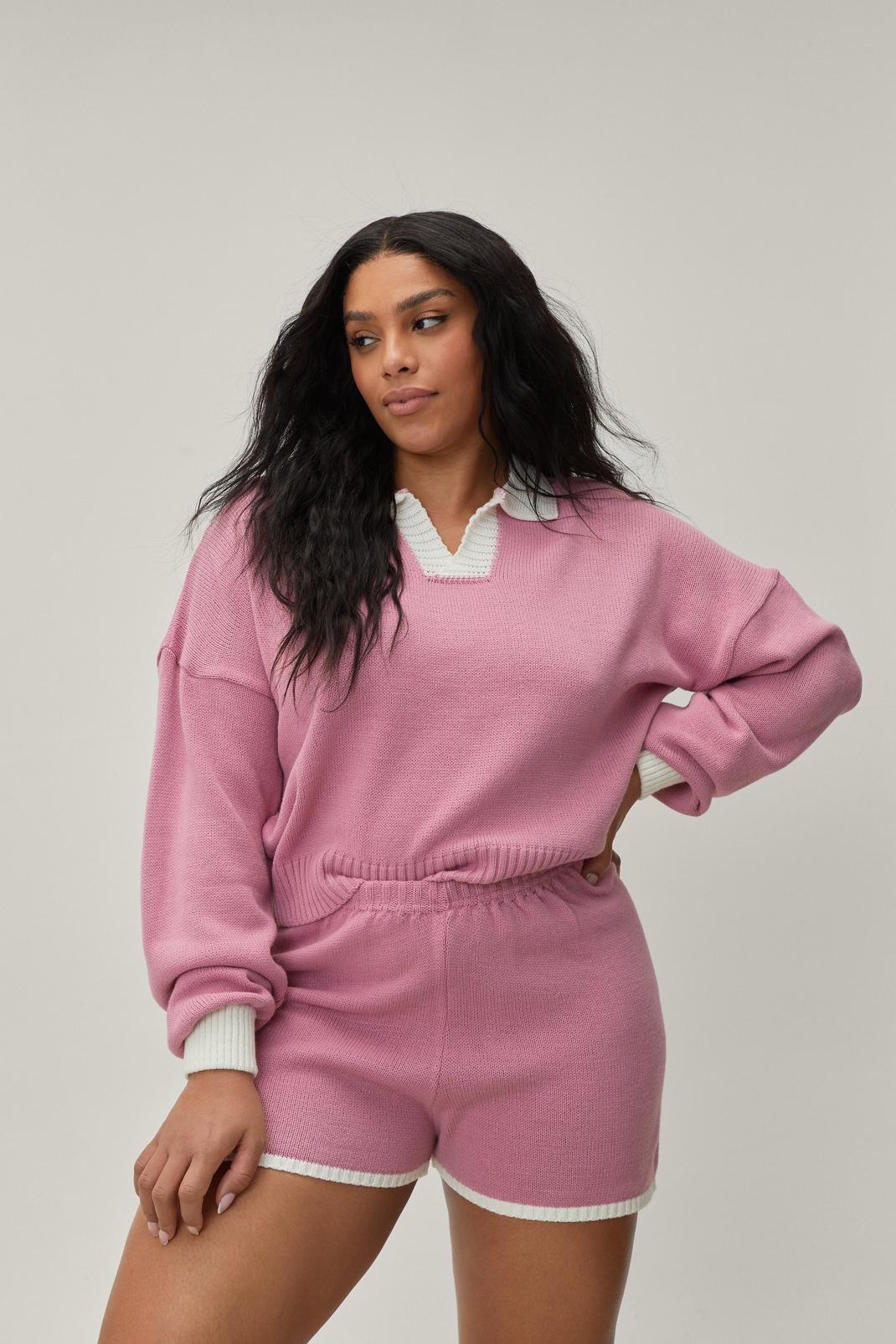 155 Plus Size Collared Jumper and Shorts Loungewear Set image number 2