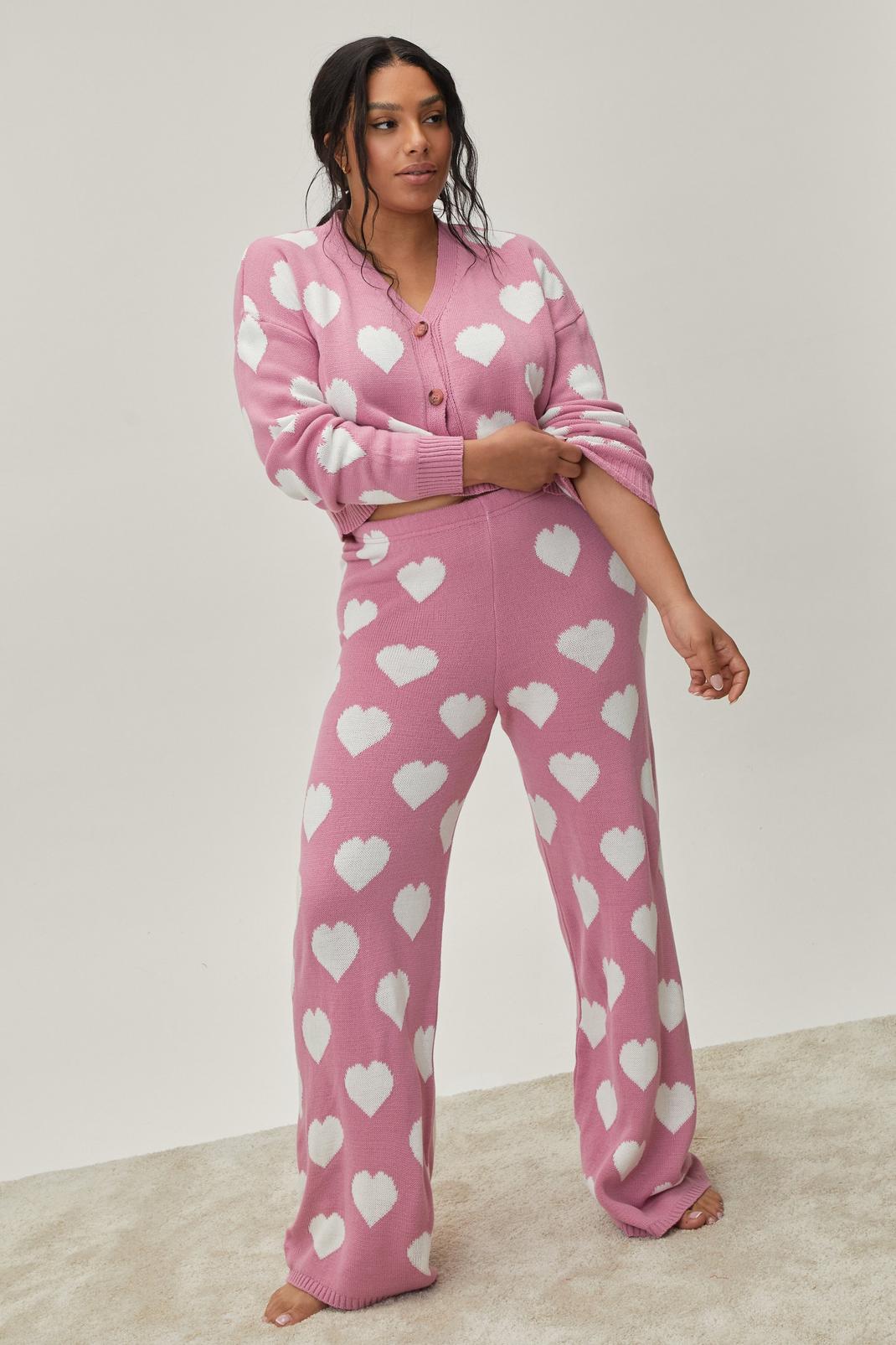 Ensemble cardigan et pantalon à motif coeur - Grande taille, Pink image number 1