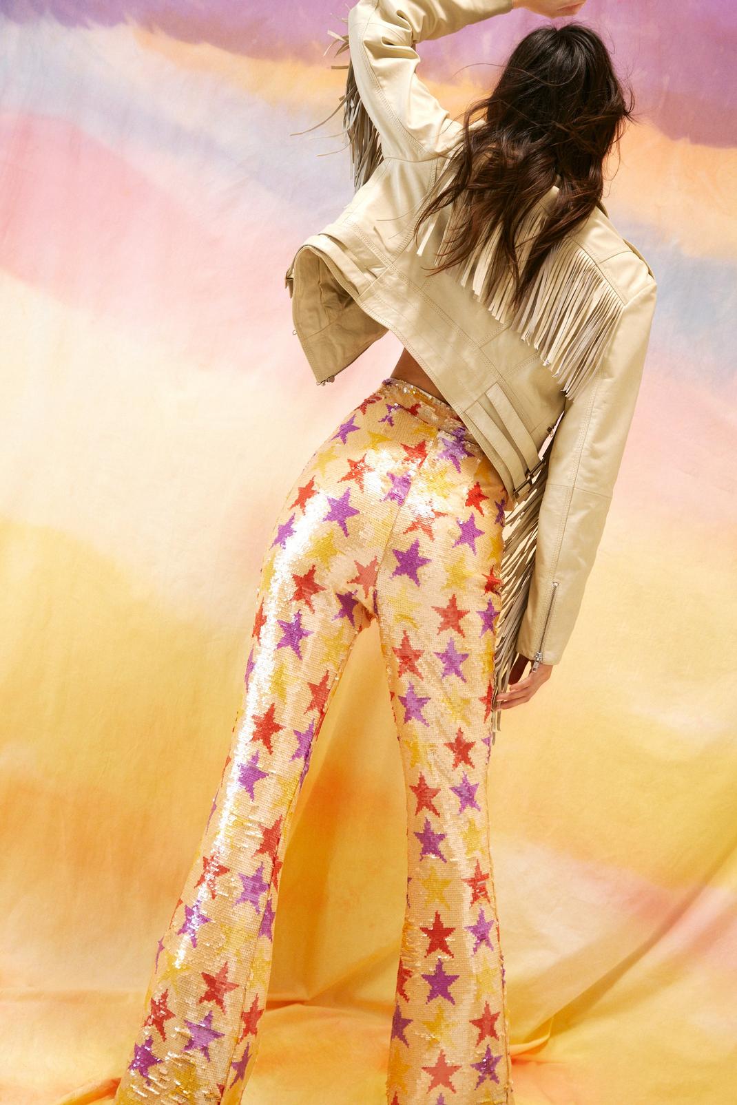 Peach Sequin Star Detail Fit and Flare Pants image number 1