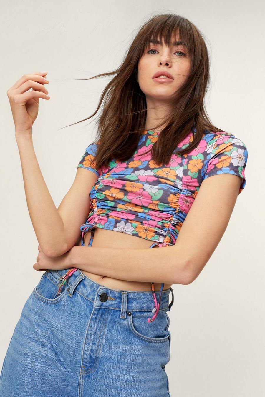 Floral Ruched Front Mesh Crop Top