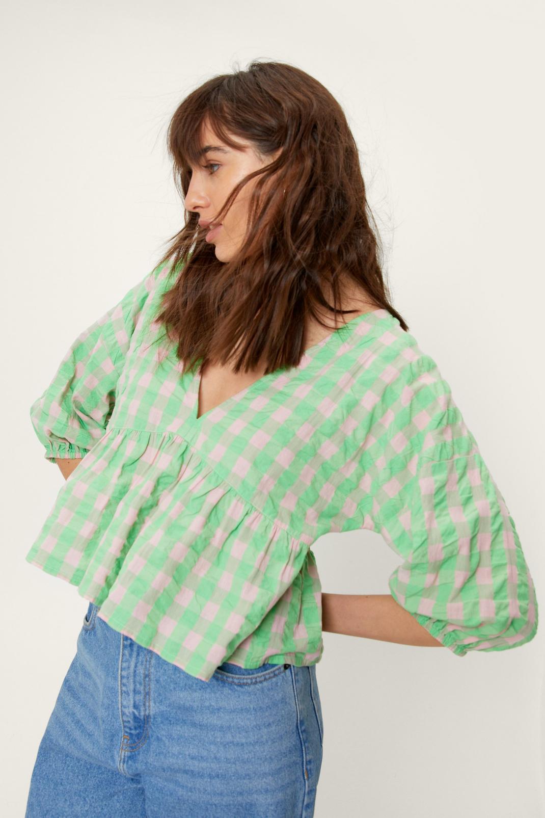 Lime Gingham Check Plunge Balloon Sleeve Top image number 1