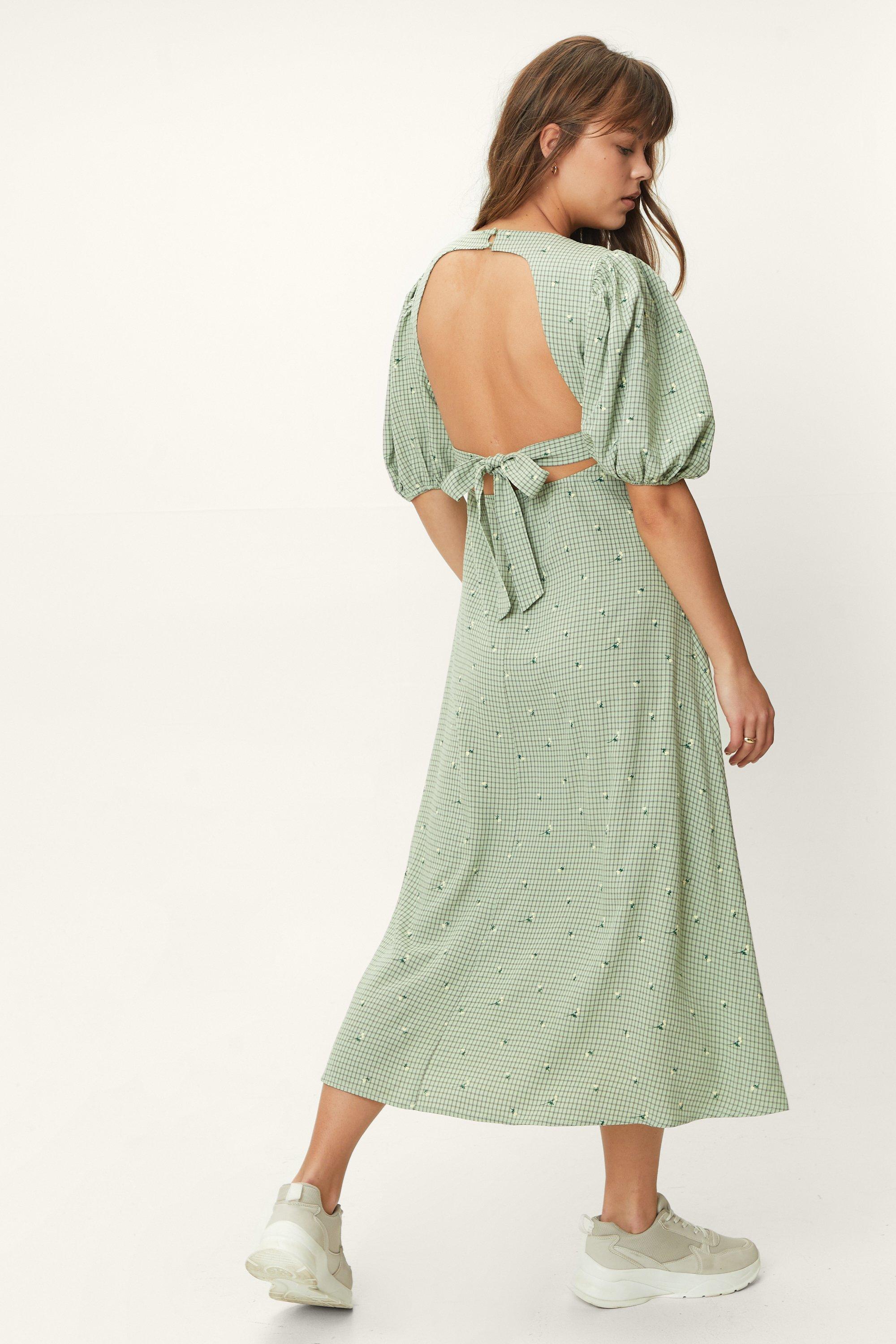 Embroidered Check Puff Sleeve Midi Tea Dress | Nasty Gal