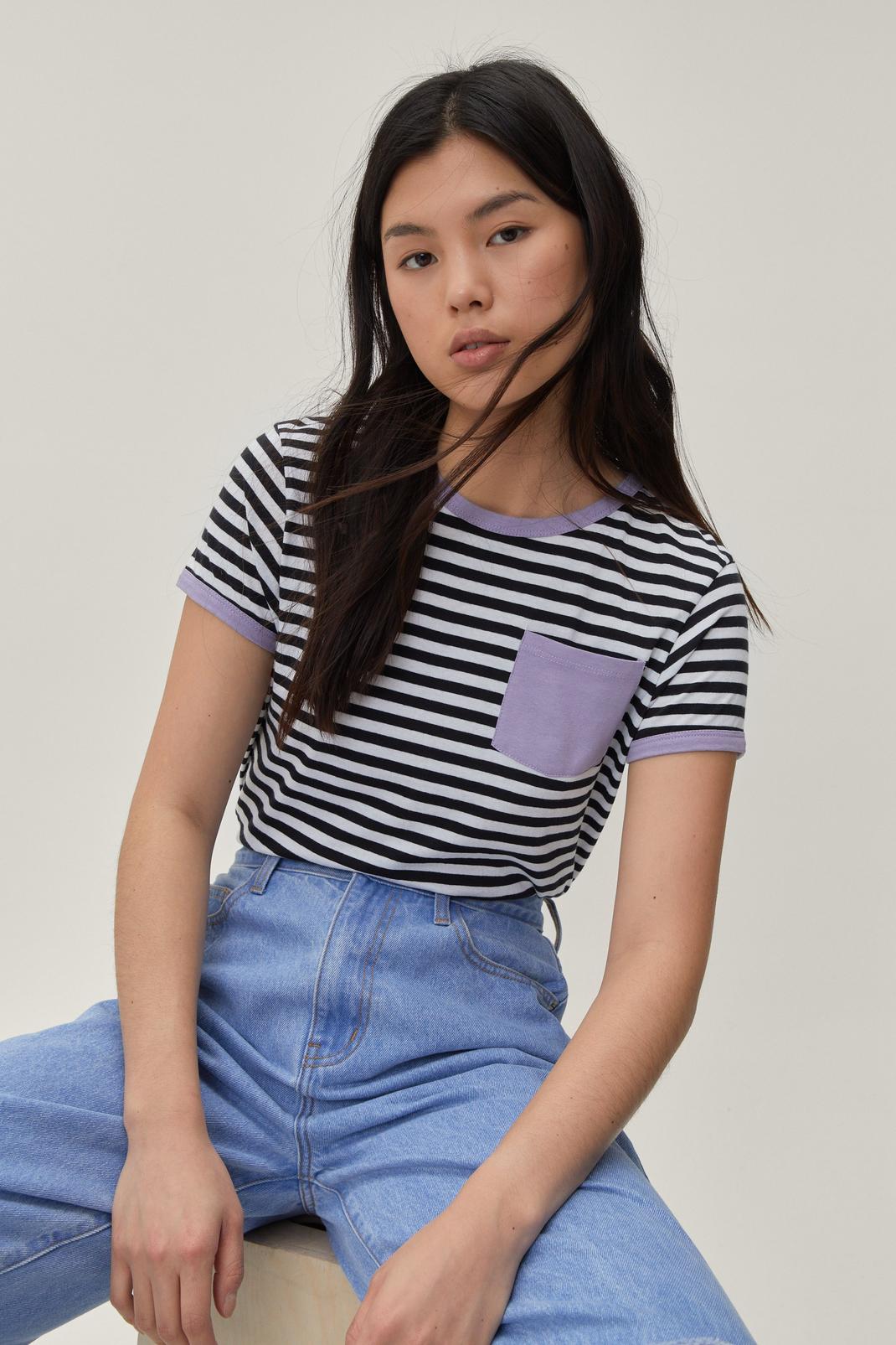 Lilac Stripe Print Contrast Crew Neck T-Shirt image number 1
