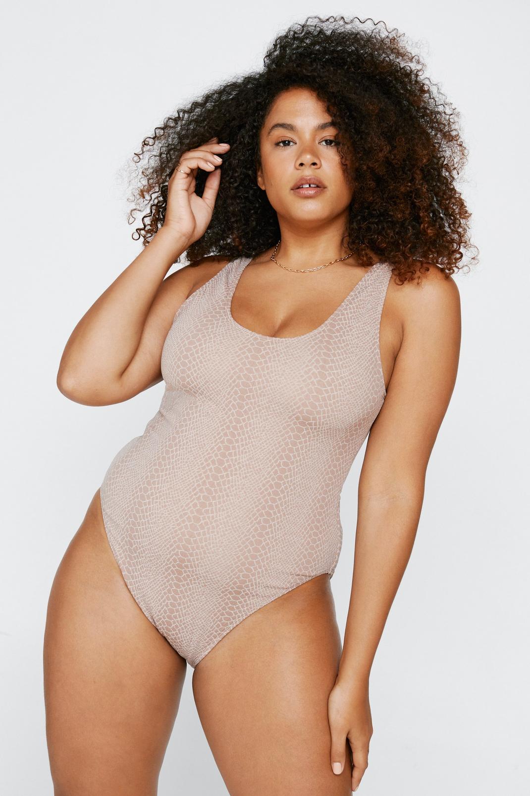 Stone Plus Size Textured Snake Scoop Swimsuit image number 1