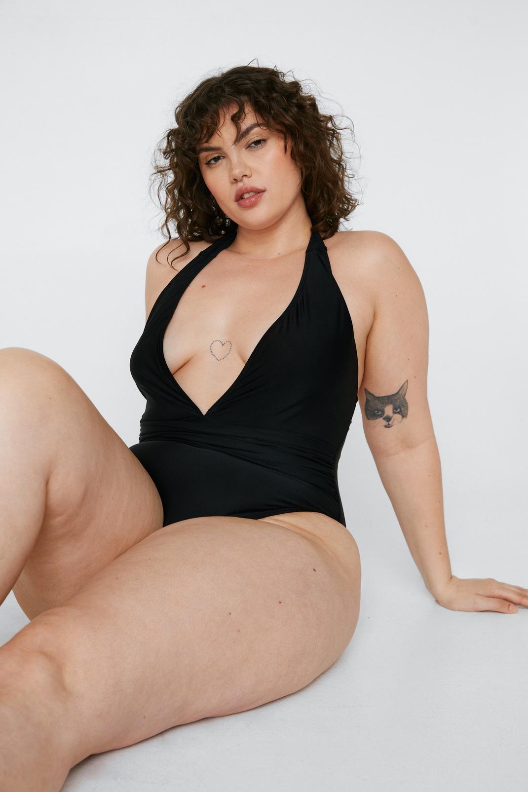 Black Plus Size Recycled Ruched Strap Plunge Swimsuit image number 1