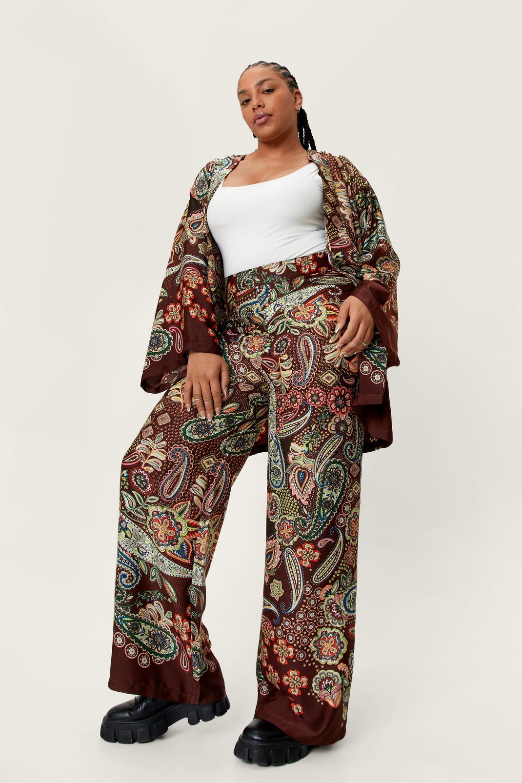 186 Plus Size Paisley Print Satin Wide Leg Trousers image number 1