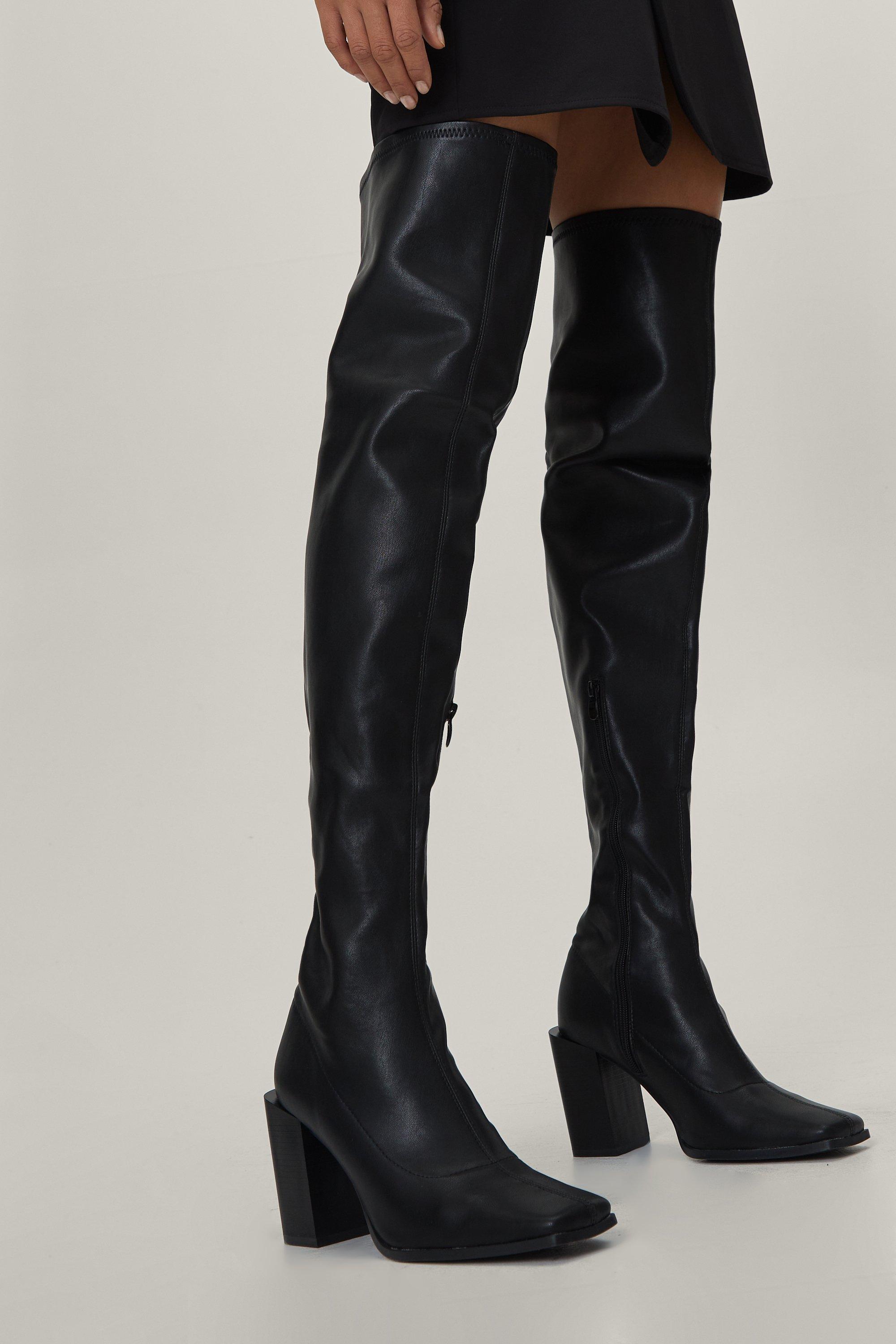 Block heel best sale thigh boots