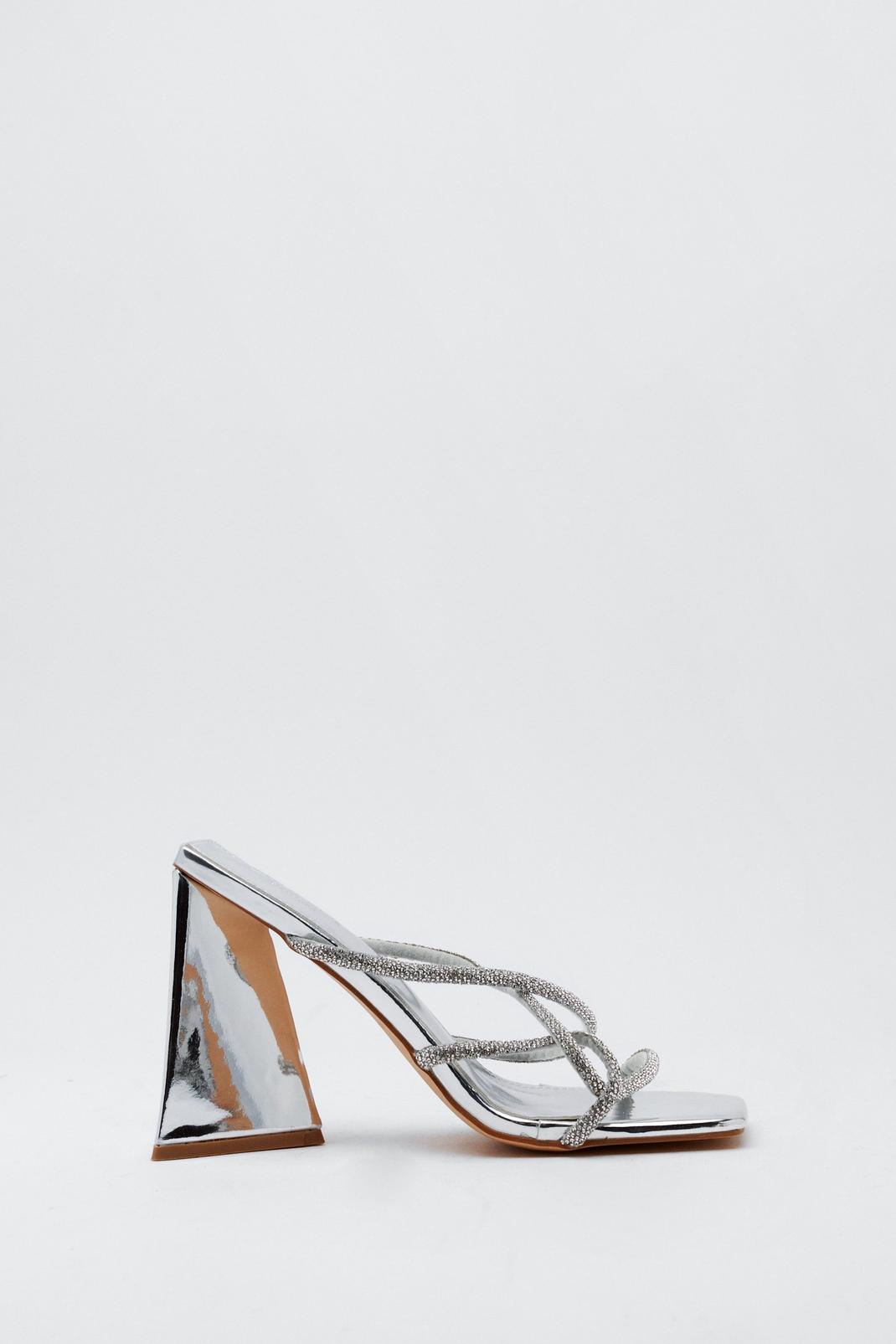Silver Square Toe Diamante Strap Heeled Mules image number 1