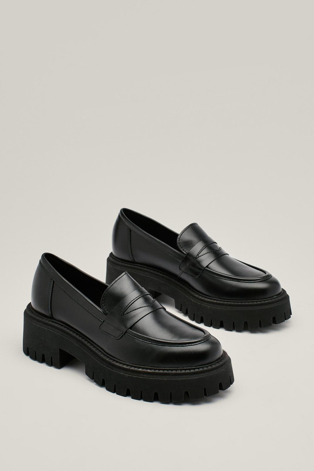 Black Real Leather Chunky Penny Loafers image number 1