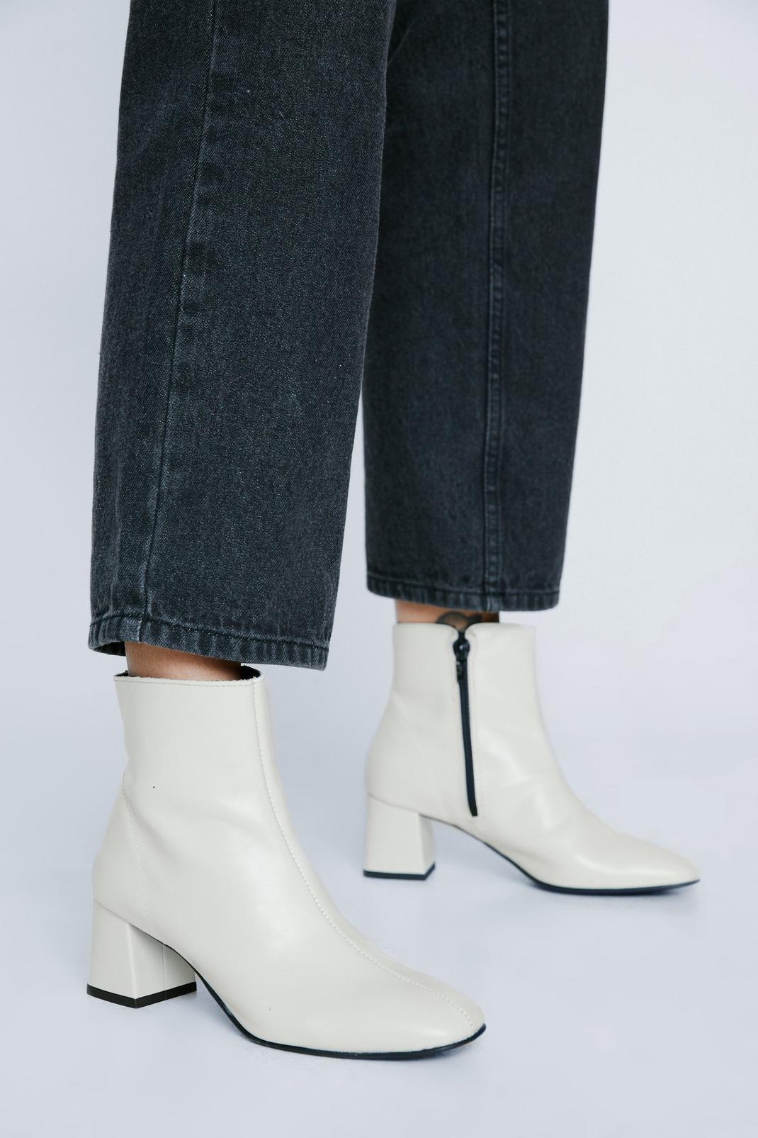 Off white Real Leather Low Block Heel Ankle Boots image number 1