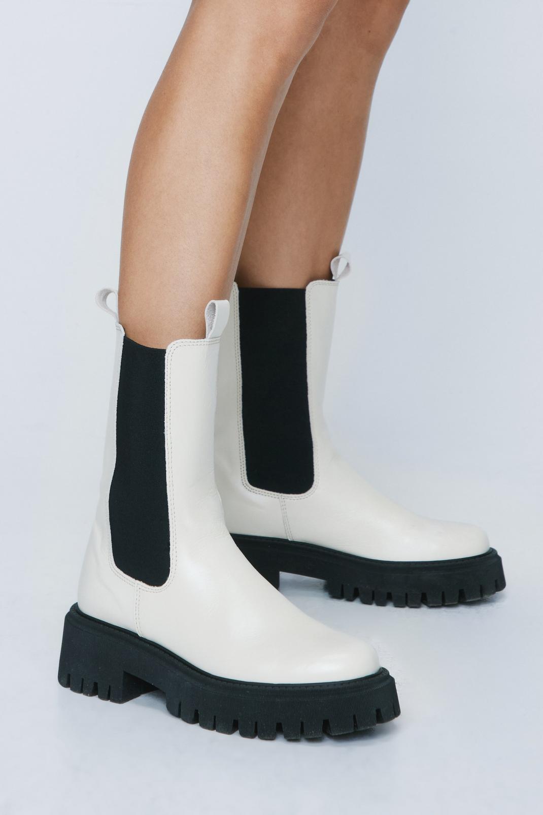 Off white Real Leather Longline Cleated Chelsea Boots image number 1