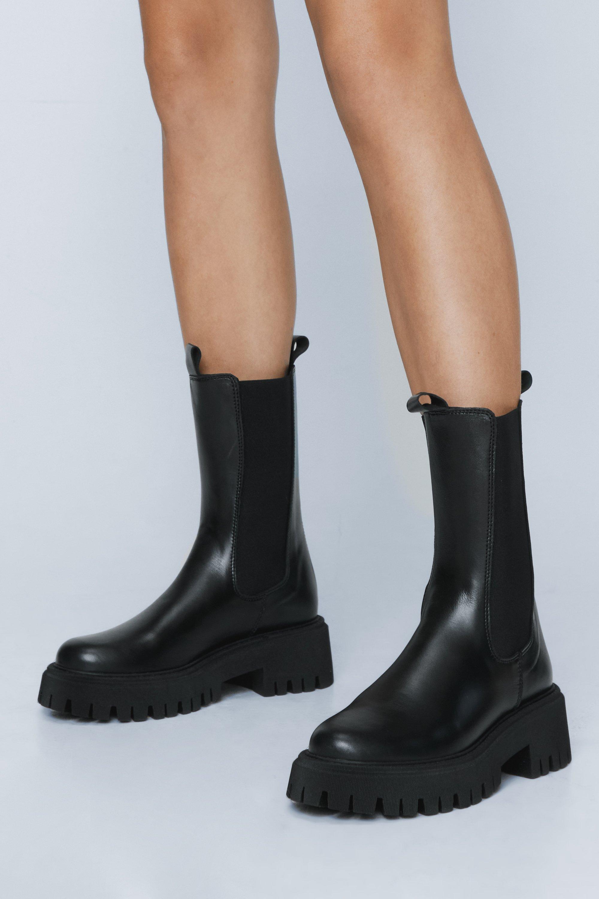 Real Leather Longline Cleated Chelsea Boots | Nasty Gal