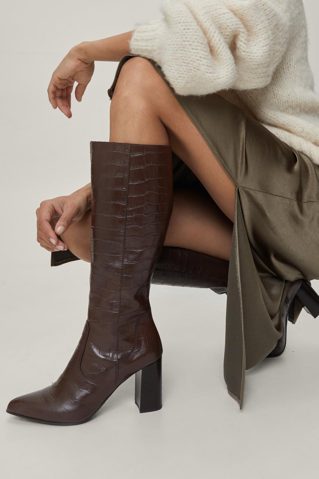 Brown Real Leather Croc Embossed Knee High Boots image number 1
