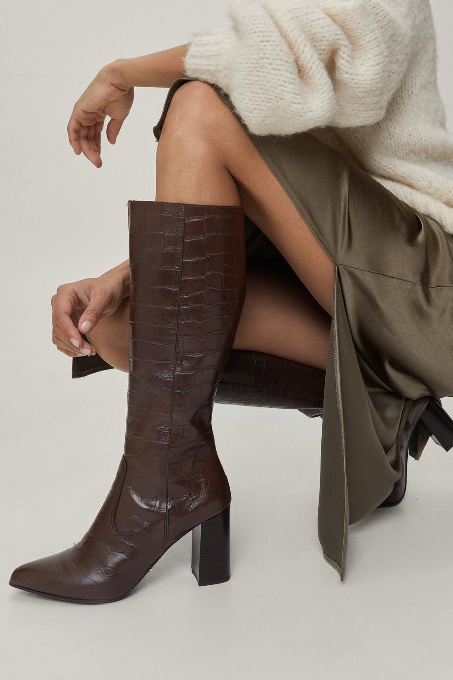 Real Leather Croc Embossed Knee High Boots