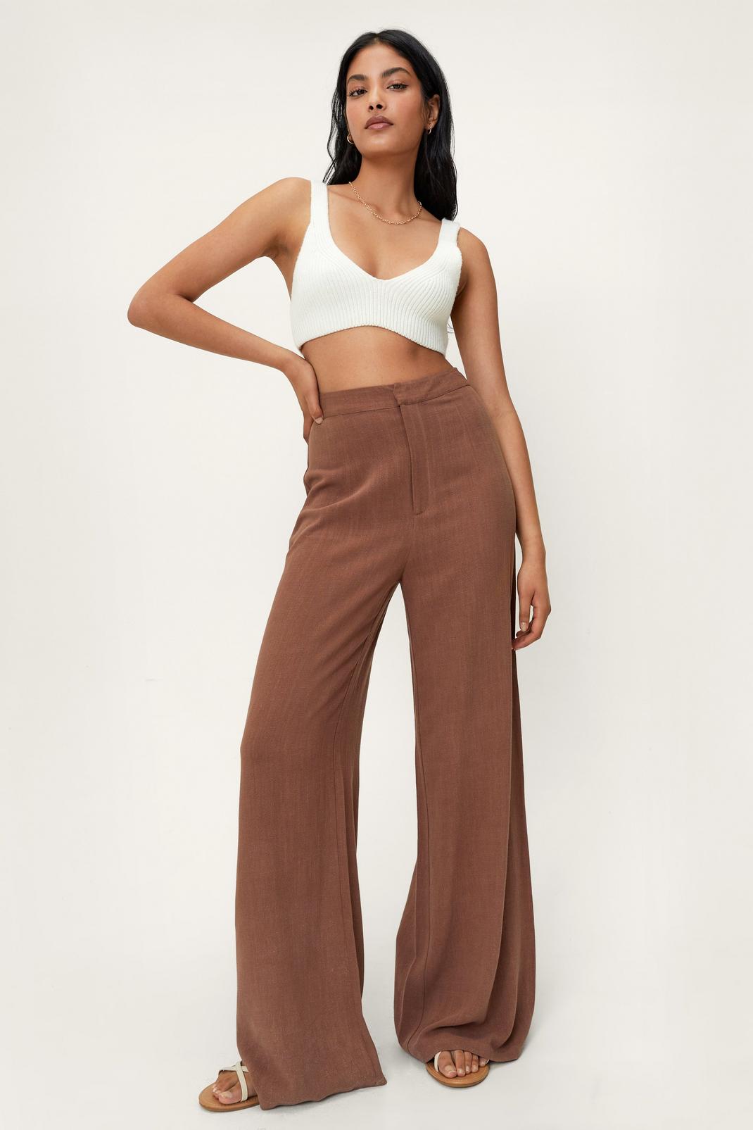 Chocolate Linen High Waisted Wide Leg Pants image number 1