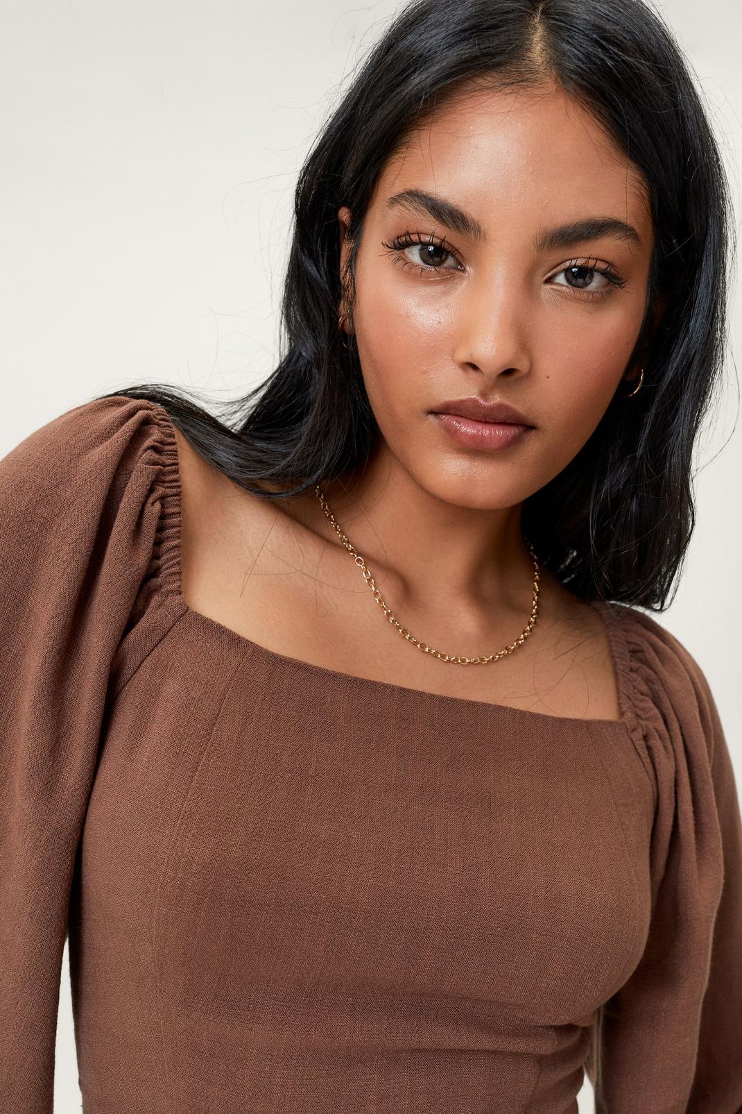 Chocolate Linen Square Neck Long Sleeve Crop Top image number 1