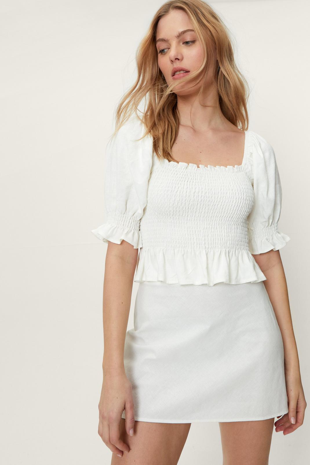 White Linen Shirred Flounce Hem Puff Sleeve Top image number 1