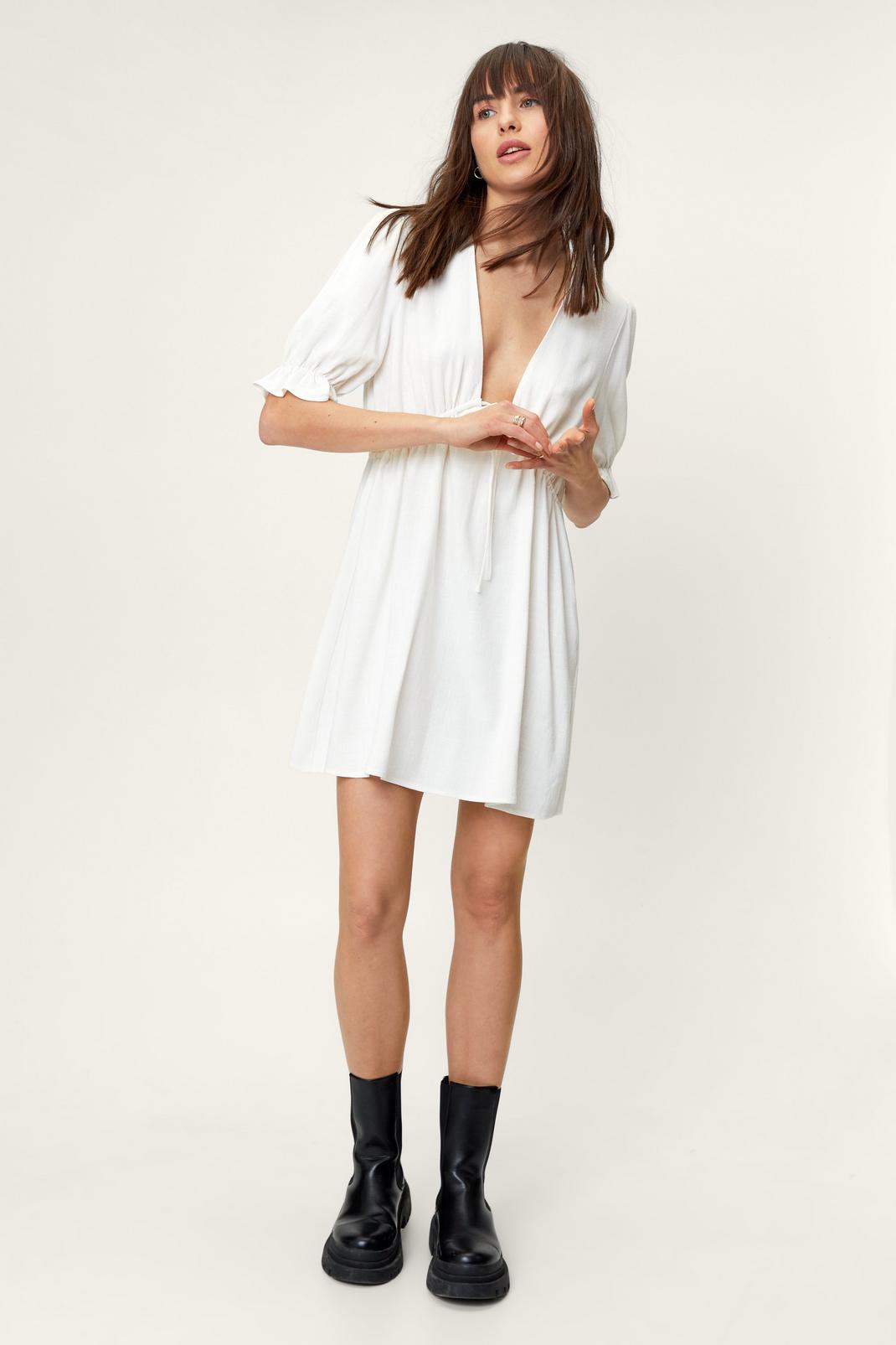 White  Linen V Neck Puff Sleeve Mini Dress image number 1