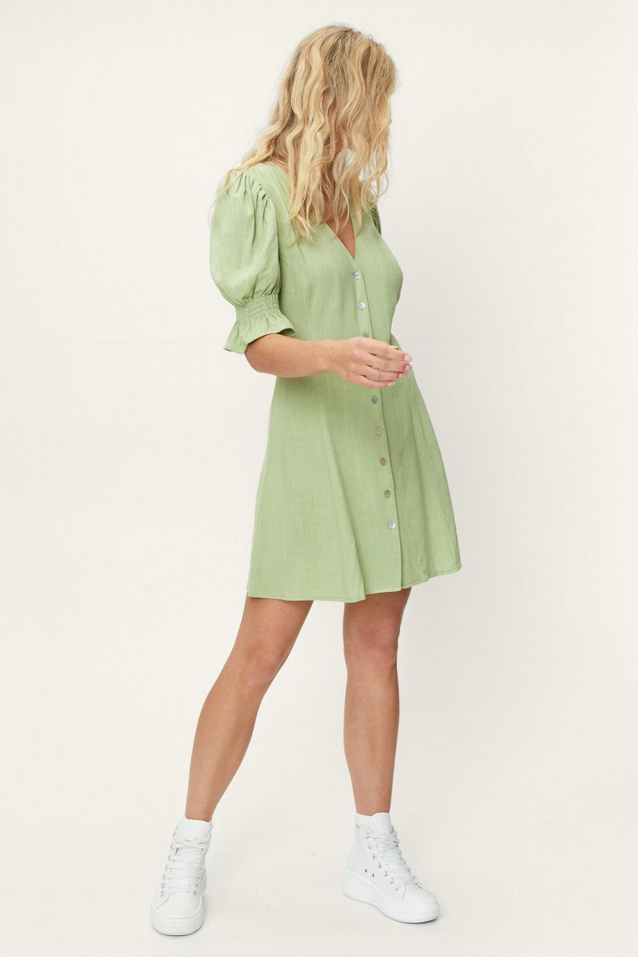 Linen Button Through Puff Sleeve Mini Dress
