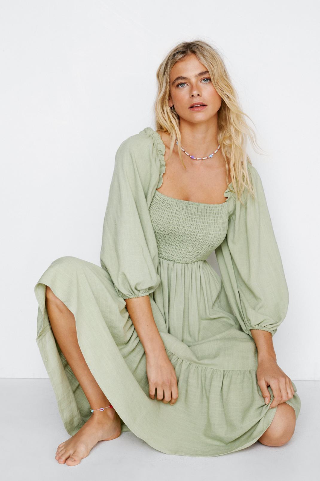 Green Linen Shirred Detail Tiered Midi Dress image number 1