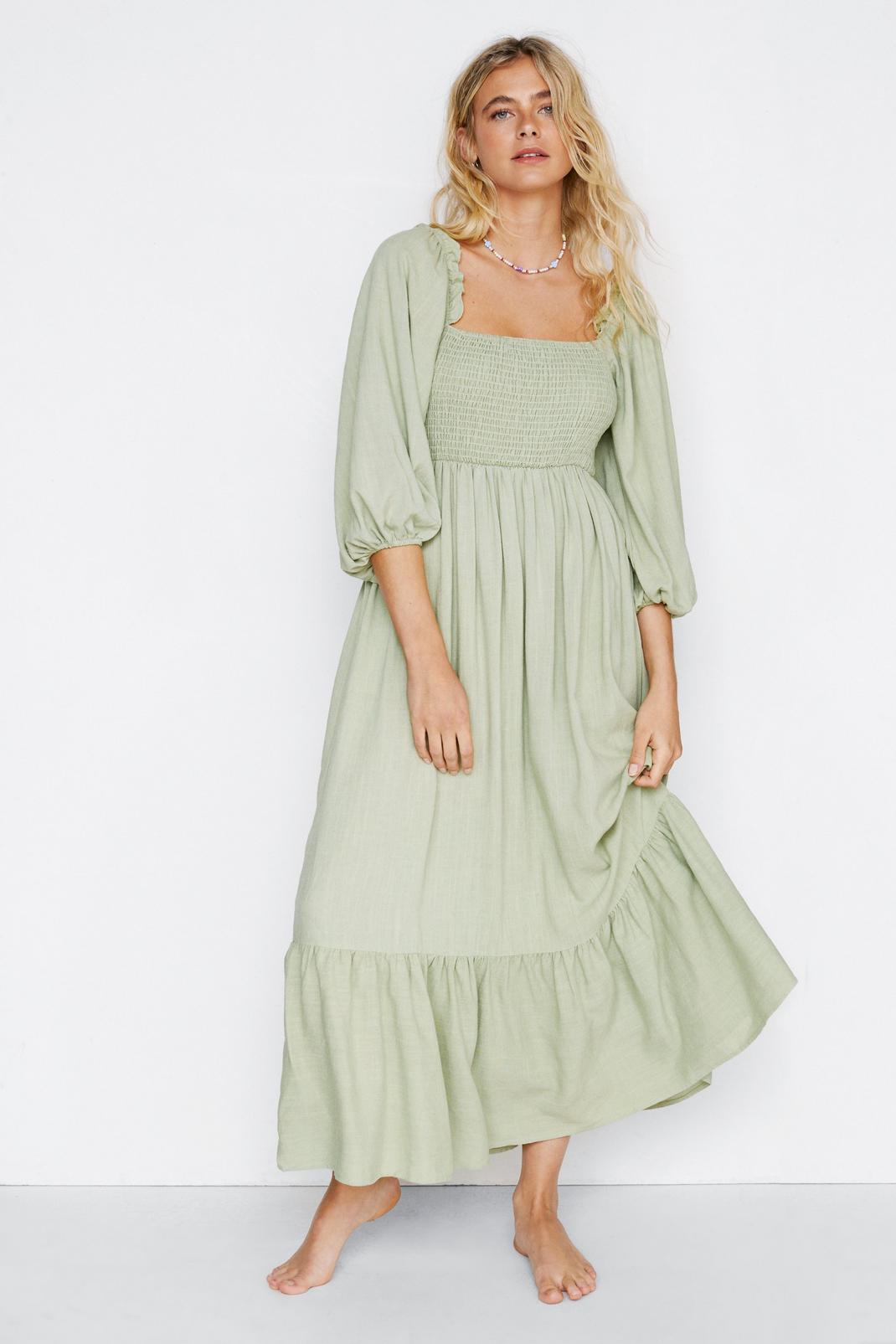 130 Linen Shirred Detail Tiered Midi Dress image number 2